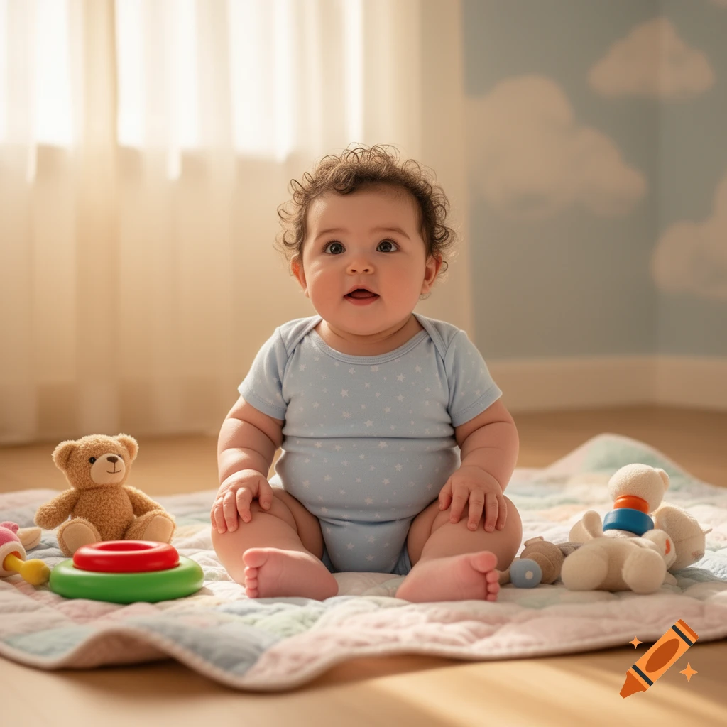 A photorealistic image of a baby with curly hair, wearing a blue onesie, sitting on a quilted blanket with a teddy bear and stacking toy.