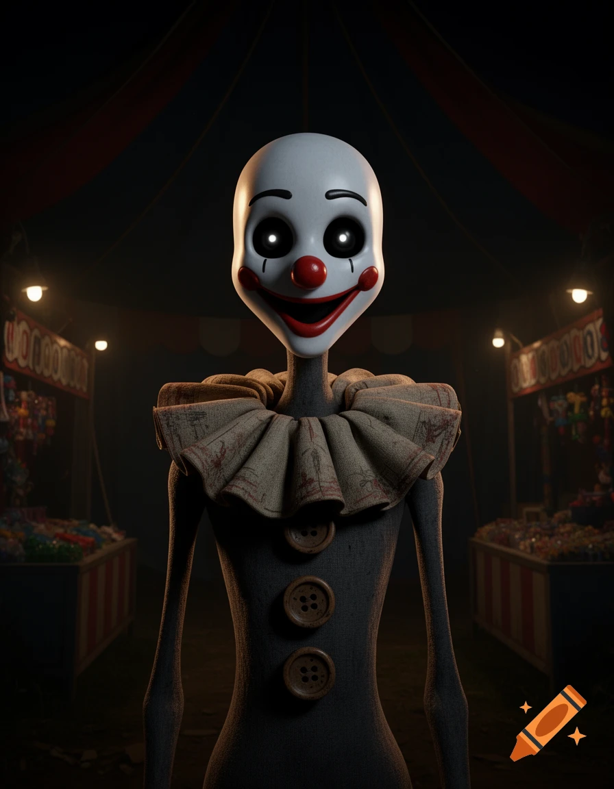 A creepy 3D render of an emaciated animatronic clown with a white mask, red nose, and wide smile, standing in a dark carnival tent.