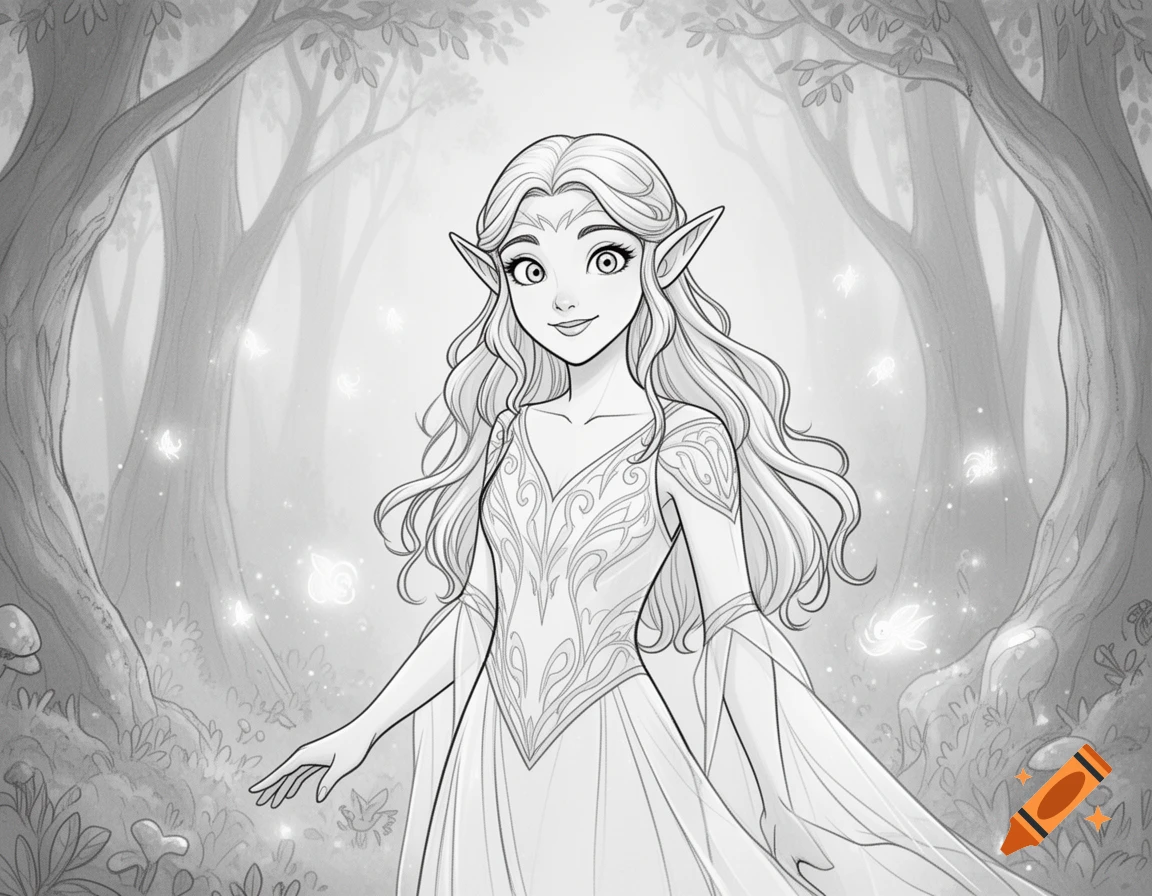 Black and white line art drawing of a smiling elf girl with long hair and pointy ears, standing in a magical forest with glowing lights.
