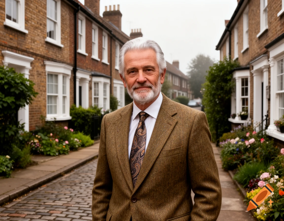 Photorealistic portrait of a smiling older man with grey hair and beard, wearing a brown tweed jacket, standing on a cobblestone street lined with brick houses and gardens.