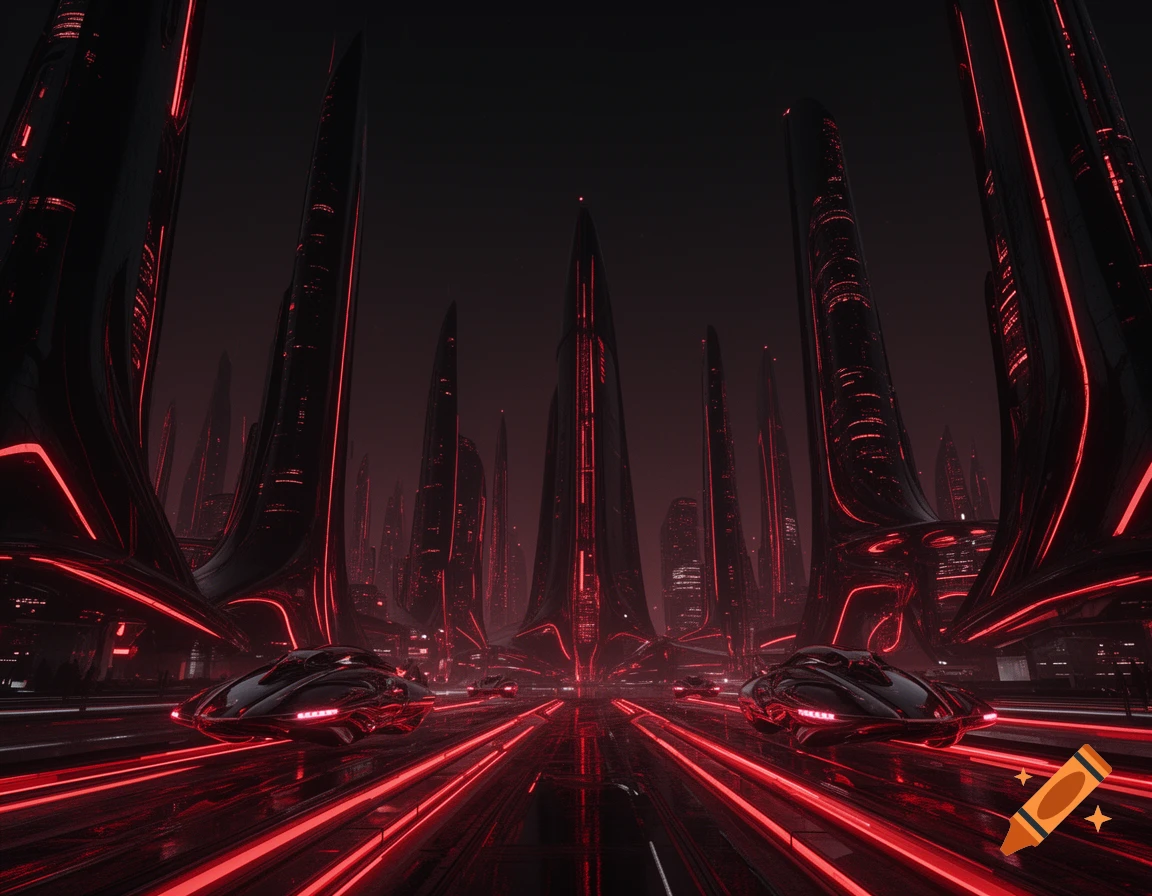 A dark, futuristic cityscape at night with sleek, black buildings featuring red glowing lights and hover cars on illuminated roads.