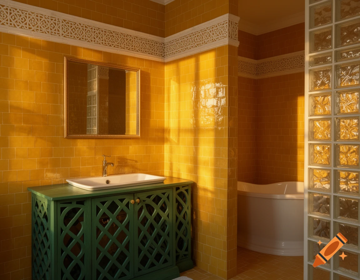 Luxurious bathroom with ochre-yellow tiled walls, green trellis cabinet with white basin, glass brick partition, and freestanding tub, bathed in warm light.