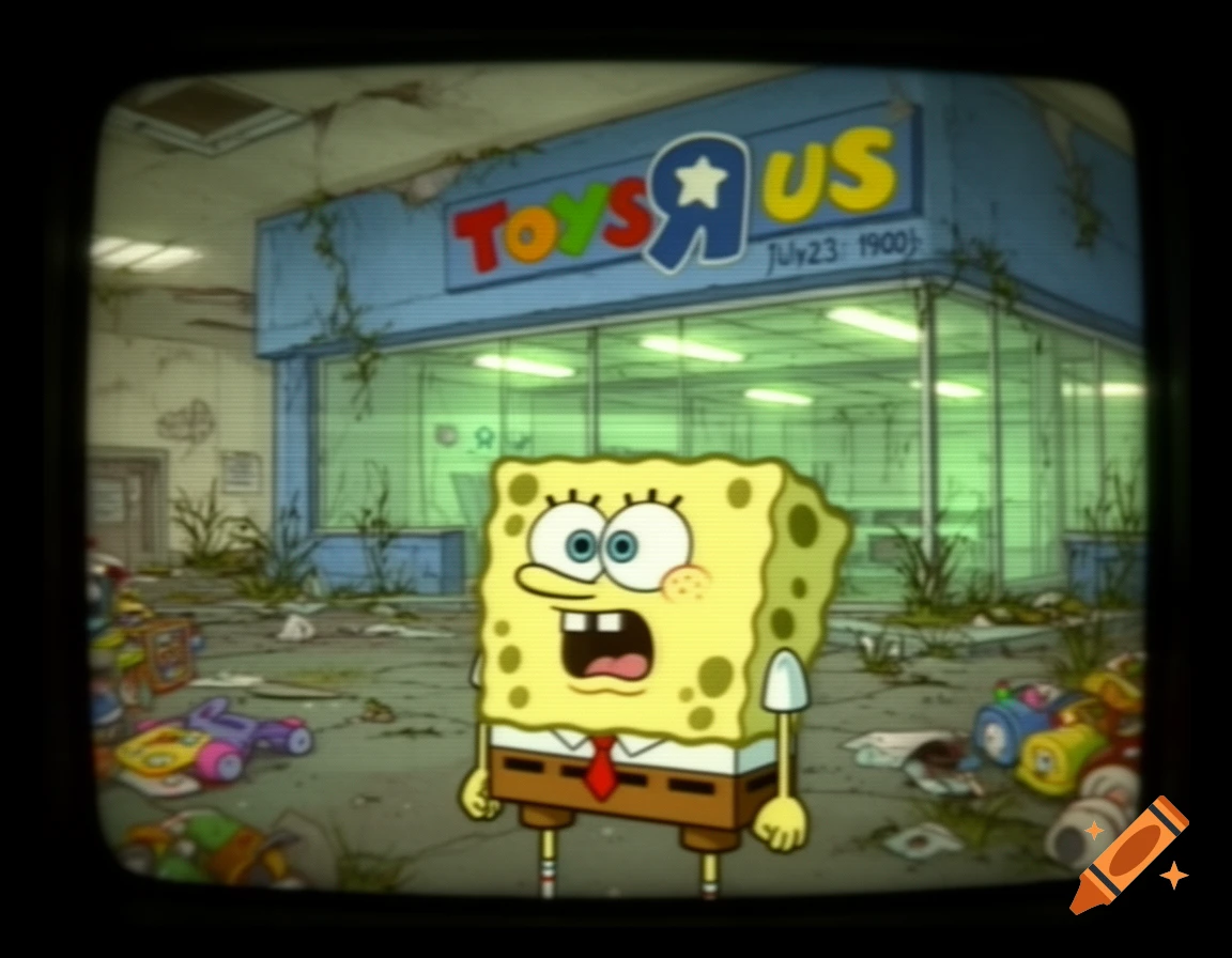 Spongebob Squarepants stands shocked in a dilapidated, overgrown Toys R Us store, viewed through a retro TV screen with scanlines.