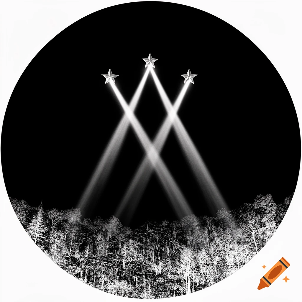 Three shining stars project bright light beams onto a stark white forest silhouette, all within a circular black frame.