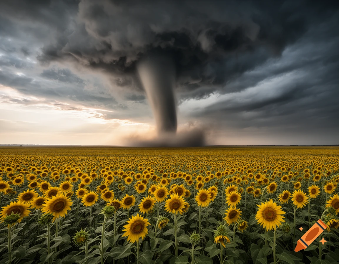 A hyperrealistic tornado looms over a vast field of vibrant yellow sunflowers under a dark, stormy sky.