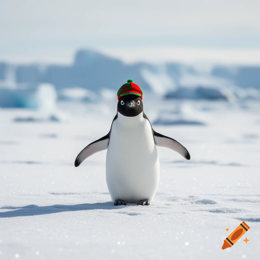A cute Adelie penguin wearing a red and green knitted hat stands on a snowy ice field in Antarctica.