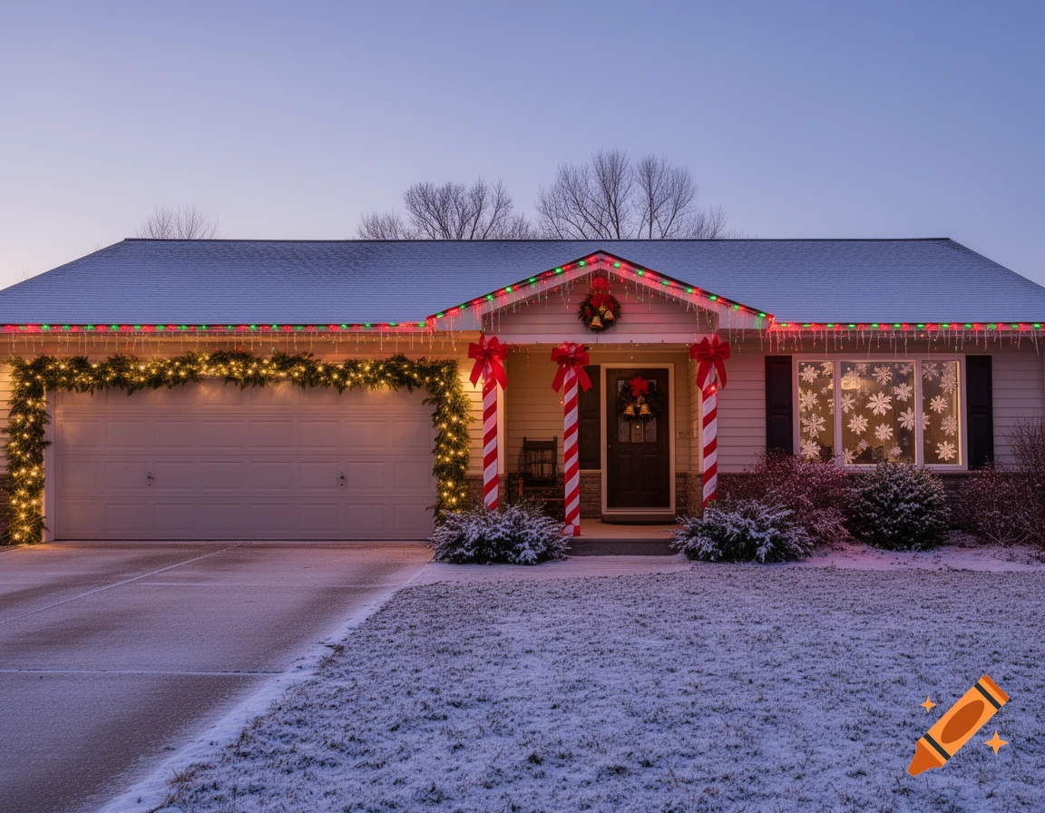 A ranch home decorated with Christmas lights and garlands, covered in snow at dusk.
