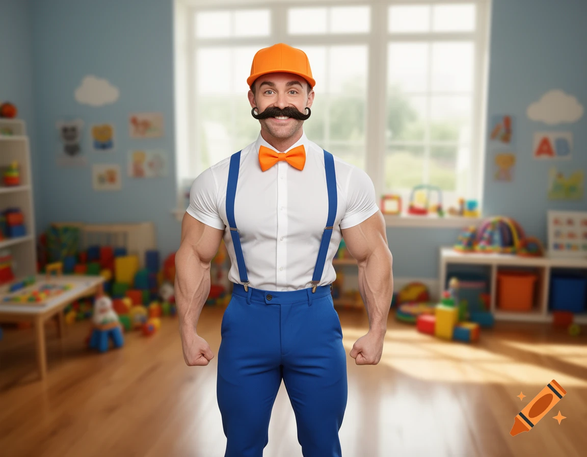 A muscular man resembling Blippi, wearing an orange hat and bow tie with blue suspenders, stands in a brightly lit playroom.
