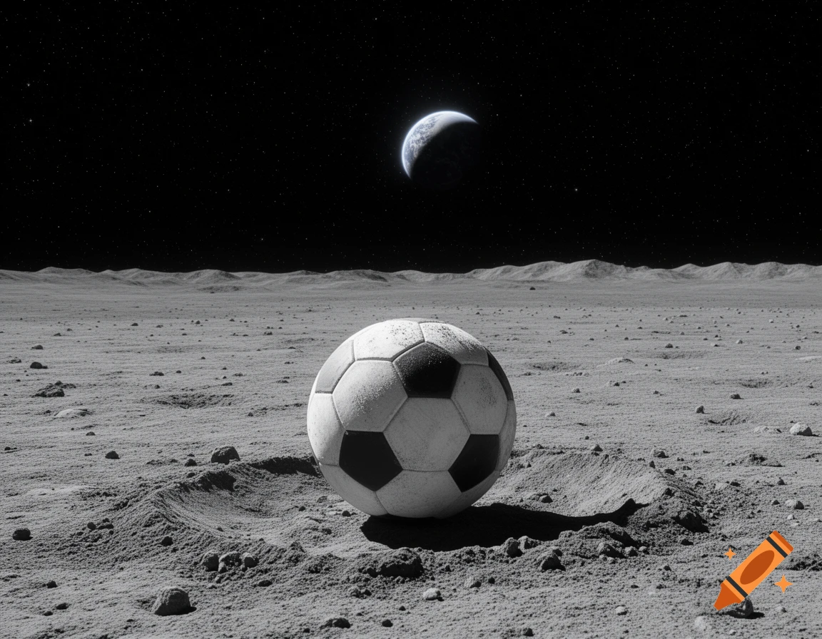 A soccer ball rests on the dusty, cratered surface of the moon, with a crescent Earth visible in the dark, star-filled sky.