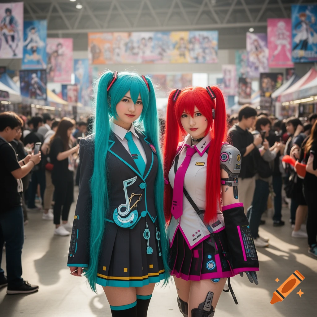 Two women in Hatsune Miku and Kasane Teto cosplay stand at an anime convention.