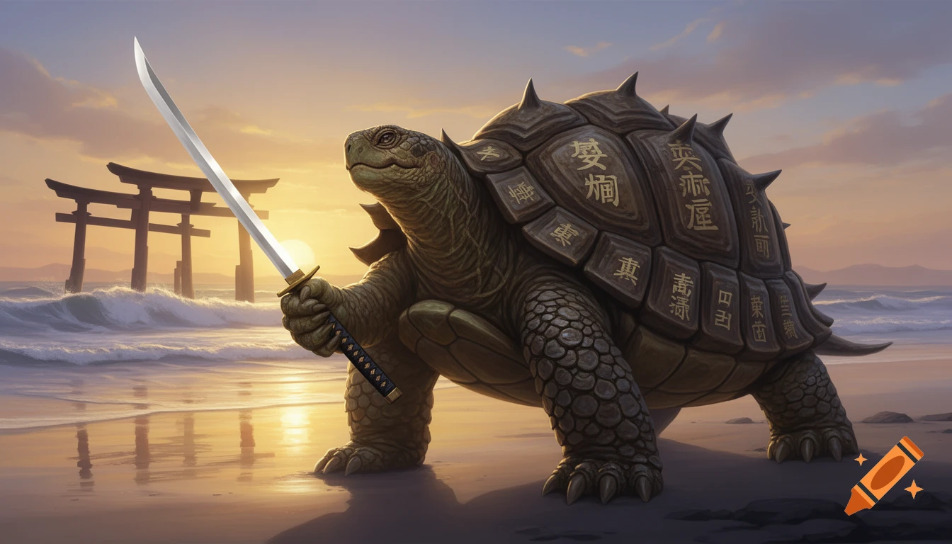 Highly detailed digital illustration of a large samurai tortoise with kanji on its shell, wielding a katana on a sunrise beach with Tori gates in the distance.