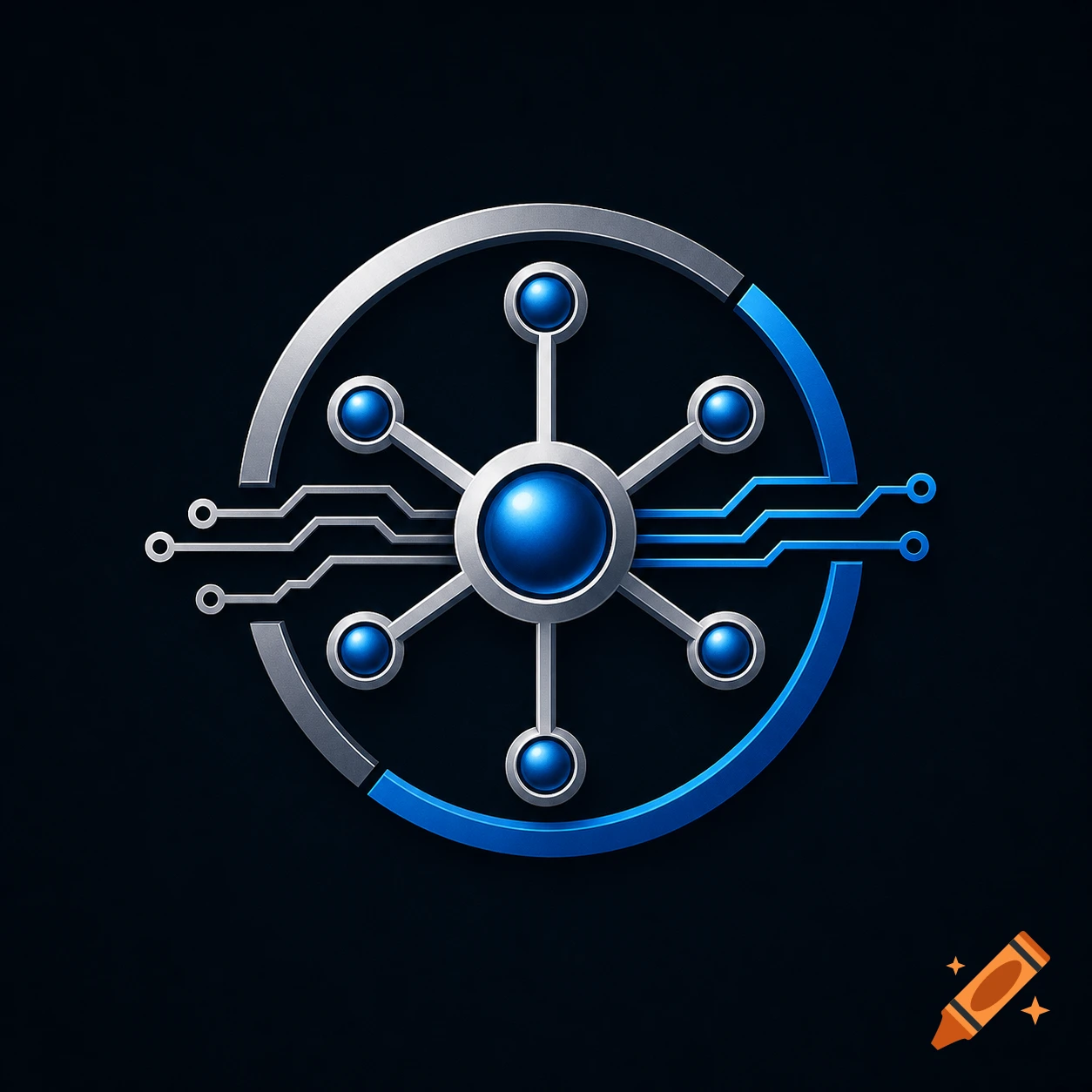 A metallic silver and blue logo featuring a central hub with eight nodes connected by spokes, encircled by a silver ring and circuit board traces.
