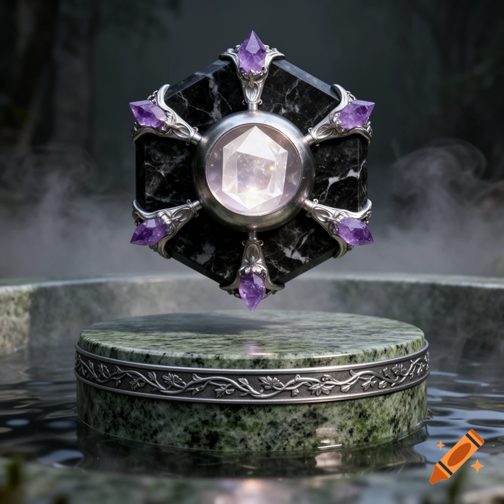 A mystical fantasy artifact: an 8-sided black marble block with a glowing central crystal and amethyst points, floating over a green granite base in misty water, photorealistic.