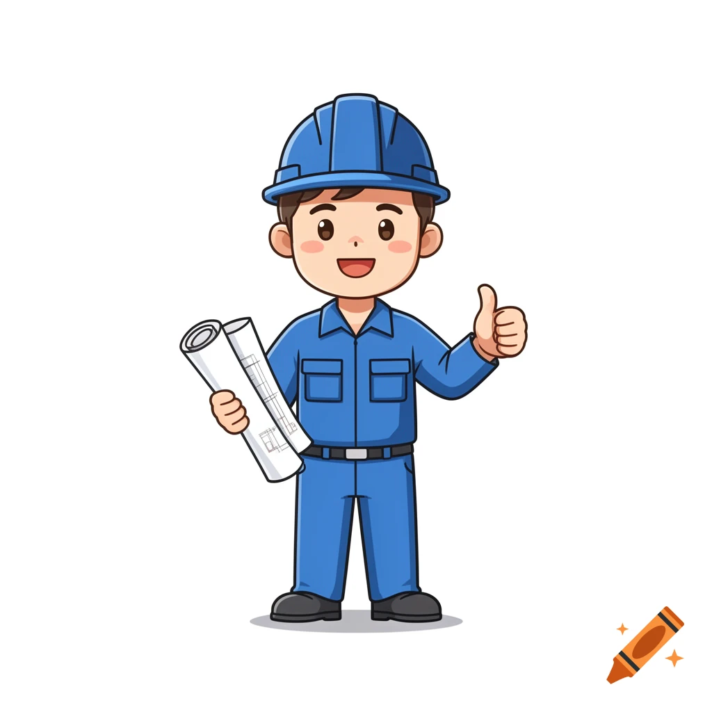 A friendly cartoon construction worker in a blue uniform and hard hat holds rolled blueprints while giving a thumbs-up.