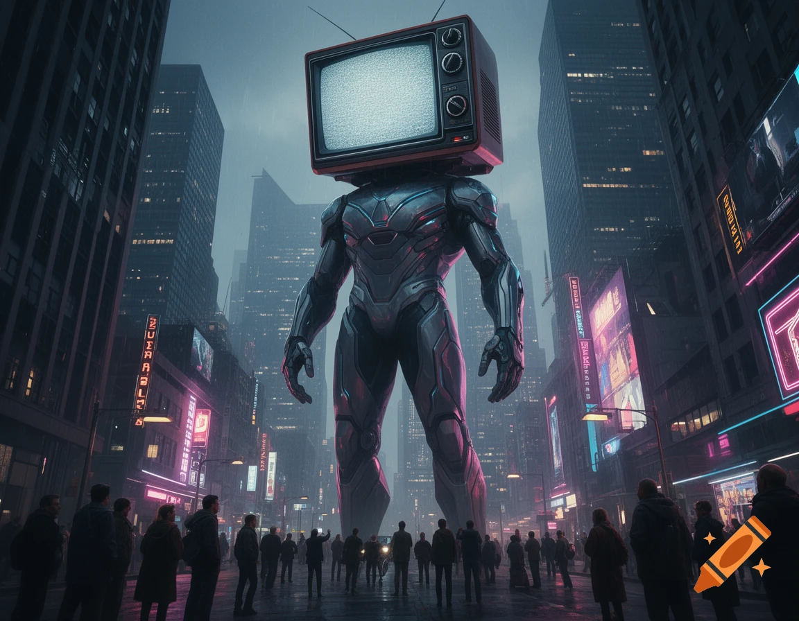 A towering robot with a retro TV for a head stands in a rainy, neon-lit cyberpunk city, surrounded by silhouetted onlookers.
