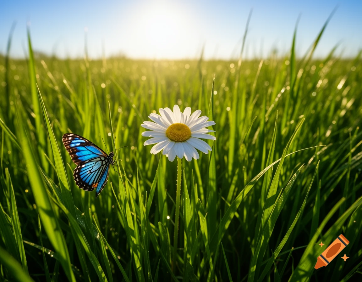 A bright blue butterfly rests on a blade of grass next to a white daisy in a sunny green field.