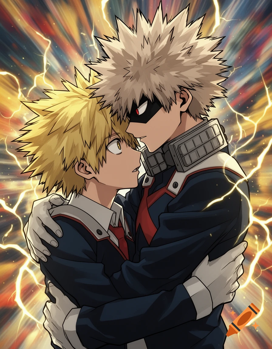 Anime depiction of two male characters, Bakugo and Kaminari, from My Hero Academia, embracing intimately against a vibrant, lightning-filled background.