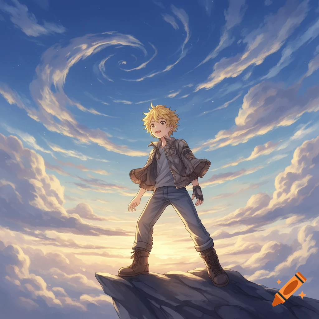 Anime-style young man with blond hair standing on a cliff overlooking clouds and a sky with a spiral cloud pattern.