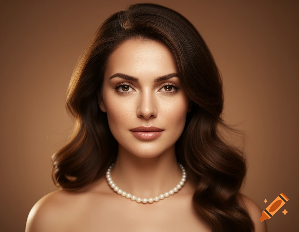 A photorealistic portrait of a woman with dark brown wavy hair, brown eyes, light makeup, and a pearl necklace, against a brown background.