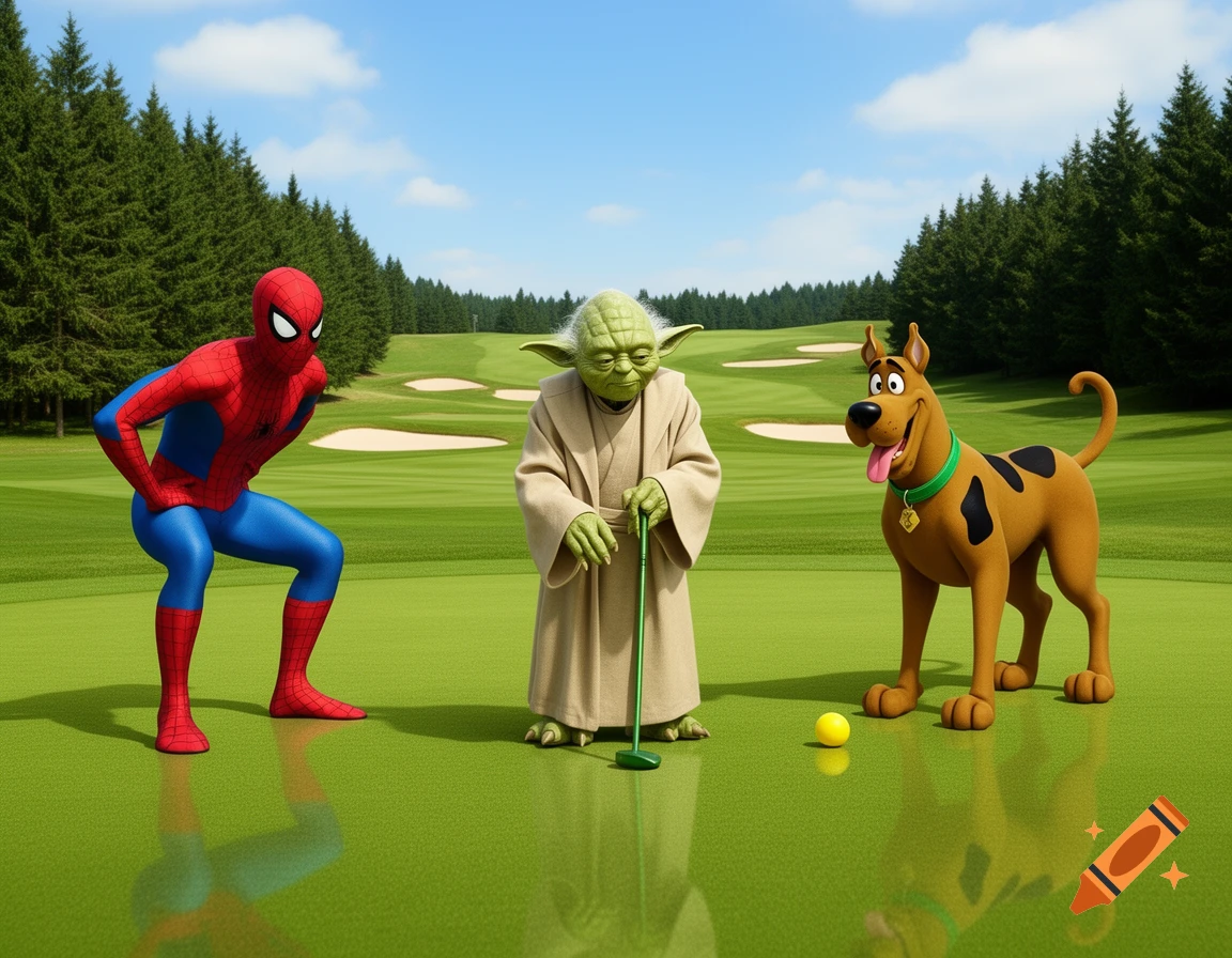 Spider-Man, Yoda, and Scooby-Doo on a sunny golf course, with Yoda about to putt.