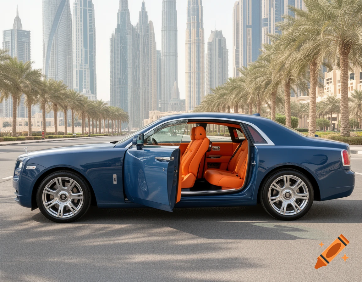 A blue Rolls Royce car with orange interior, parked on a road with skyscrapers and palm trees in Dubai.