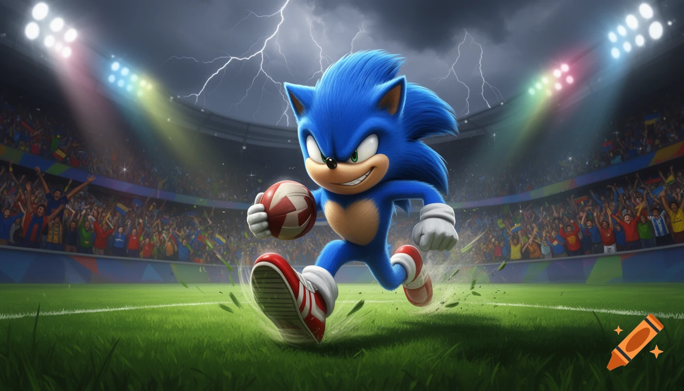 Sonic the Hedgehog runs across a football field, holding a soccer ball, in a stadium under a lightning-filled sky.