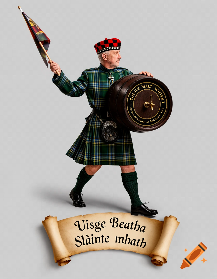 A man in traditional green tartan kilt and red-checkered Glengarry hat, holding a flag and a whisky barrel with "SINGLE MALT WHISKY" text. A scroll below reads "Uisge Beatha Slàinte mhath".