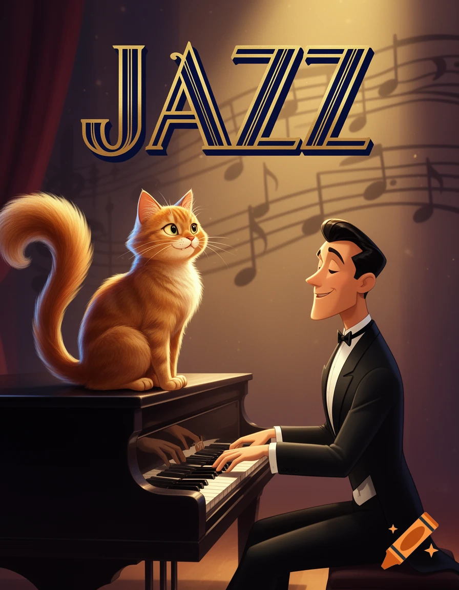 A cartoon man in a tuxedo plays a piano, a fluffy orange cat sits on top, under a title 'JAZZ' with musical notes in the background.