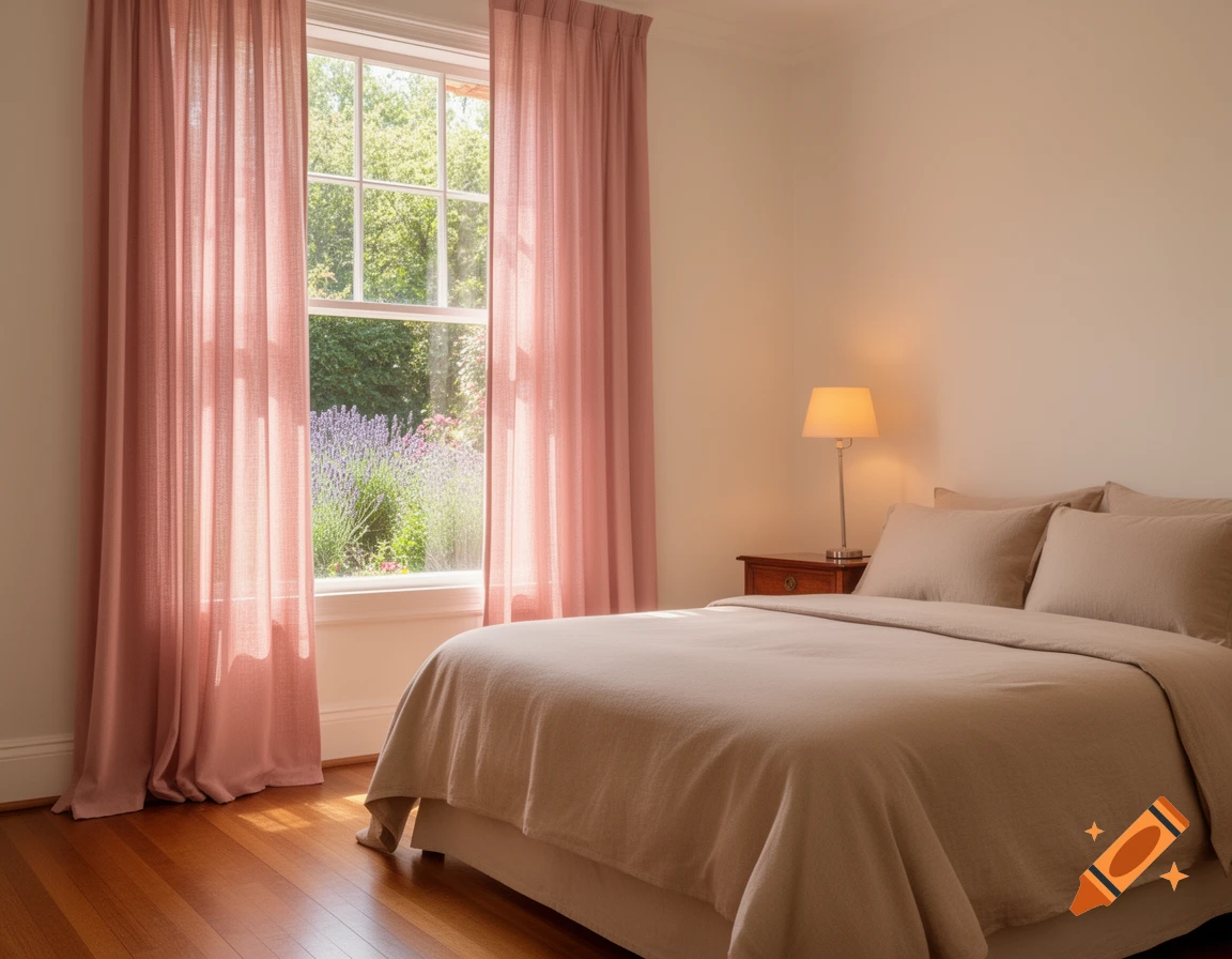 A sunlit bedroom with a bed, a lamp on a nightstand, and a window framed by pink curtains overlooking a lush garden.