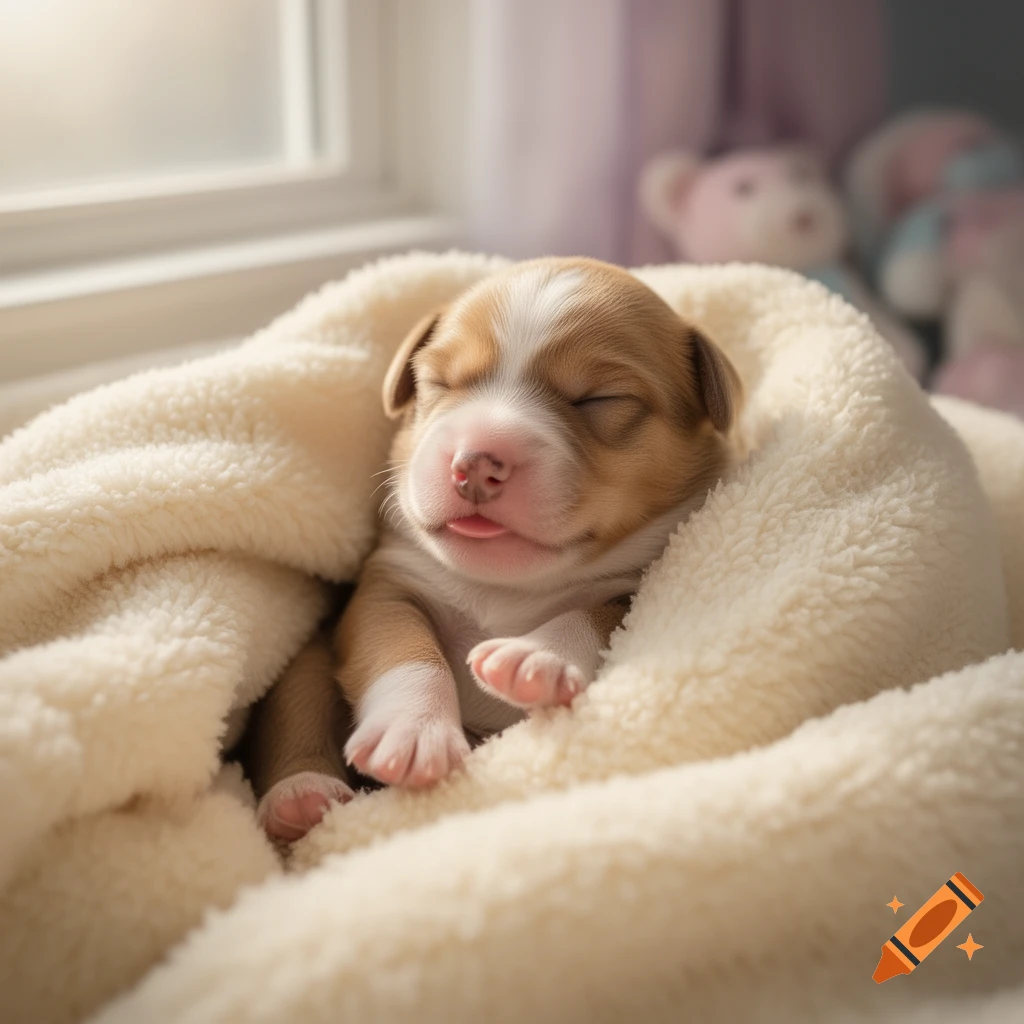 A photorealistic sleeping newborn puppy with its tongue out, snuggled in a cream-colored fluffy blanket.