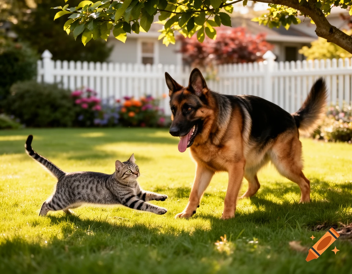 A tabby cat leaps playfully toward a German shepherd in a sunlit green backyard.