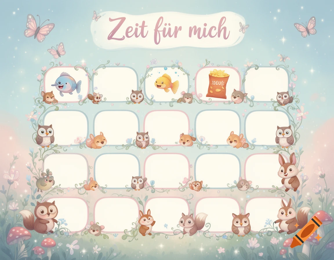 A child's reward chart in a whimsical watercolor style, featuring cute woodland animals, butterflies, and empty squares for tracking progress, with 'Zeit für mich' at the top.
