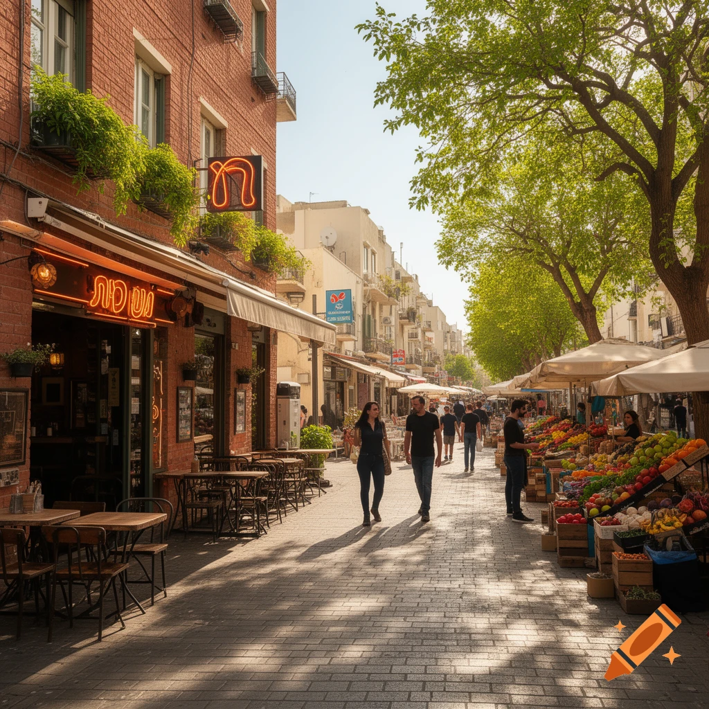 A photorealistic image of a vibrant outdoor market and cafe street, with people walking and browsing fruit stalls under bright trees and sun.