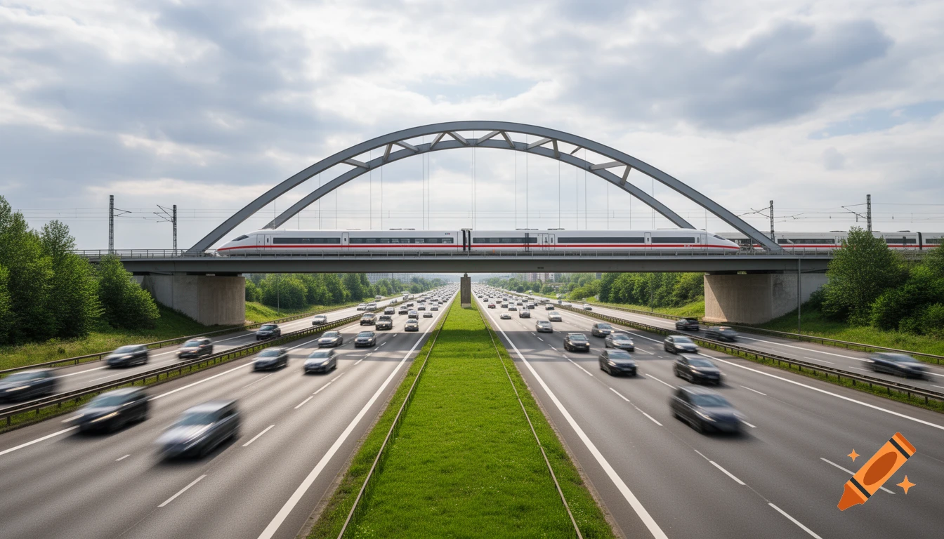 A white high-speed train crosses an arched bridge over a multi-lane highway with blurred cars under a cloudy sky.