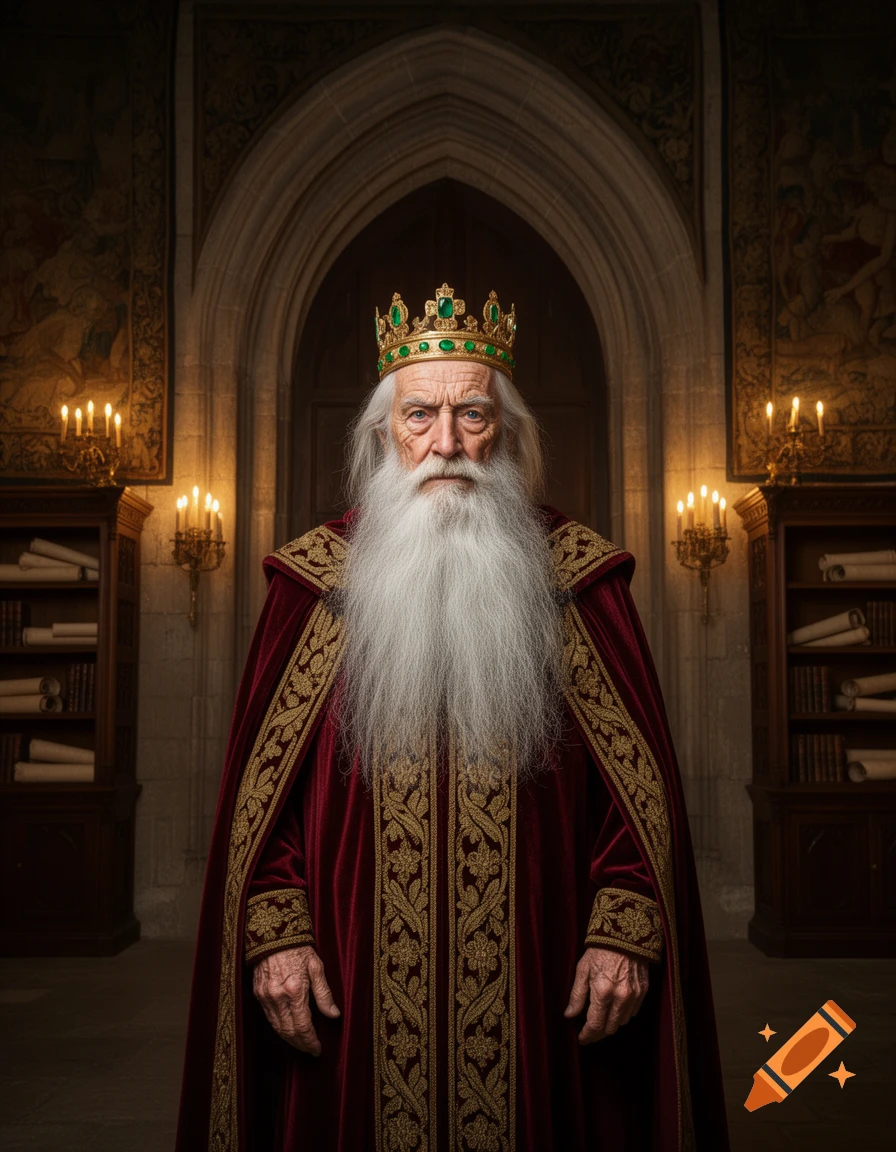 A regal old king with a long white beard and a green-jeweled crown stands in a dimly lit castle hall.