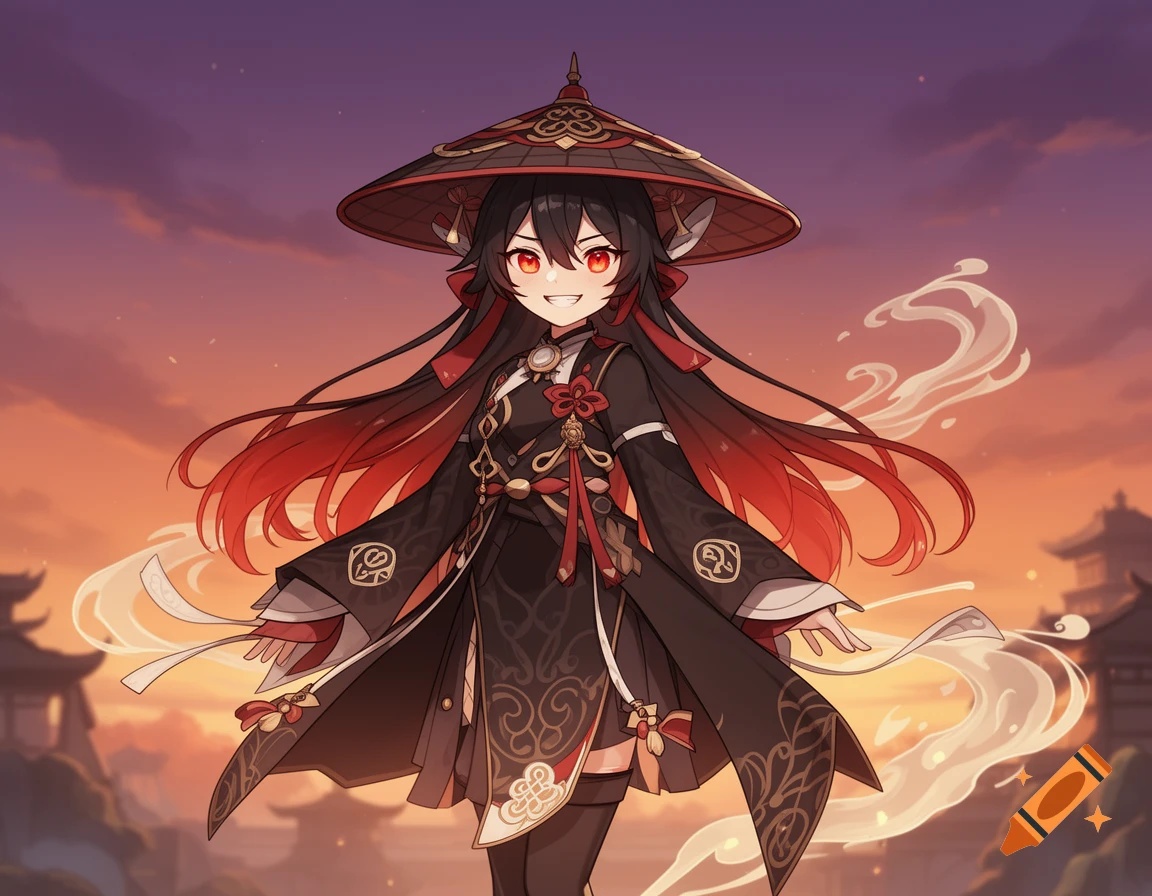 Anime girl with red eyes, black and red hair, wearing an ornate black and gold outfit, and a wide-brimmed hat, smiling at sunset.