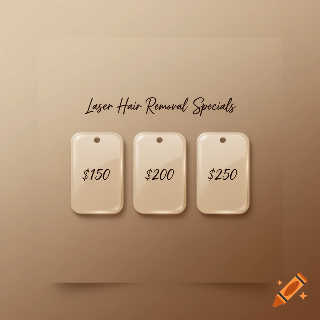 An Instagram-style post with the text 'Laser Hair Removal Specials' above three beige tags displaying prices: $150, $200, and $250.