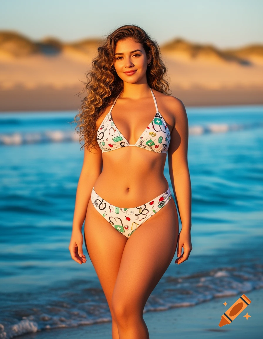 A curvy young woman in a bikini with medical symbols stands in shallow ocean water at sunset, smiling at the camera.