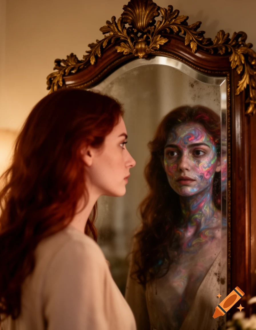 A woman with red hair looks into a mirror, seeing a reflection of herself with a face and upper body covered in colorful, swirling abstract patterns.