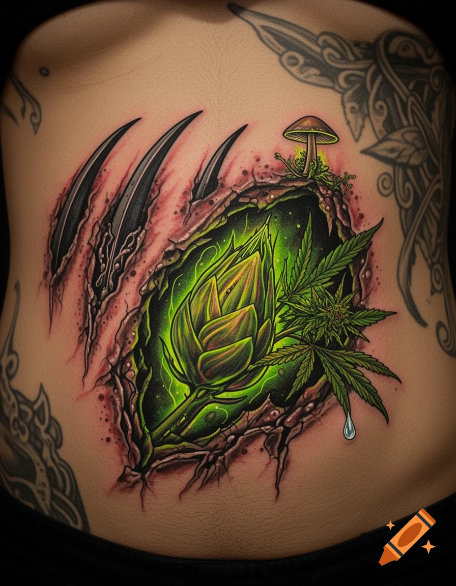 Vibrant tattoo on a stomach with claw marks revealing a glowing cyber-organic bud, cannabis leaves, and a mushroom.