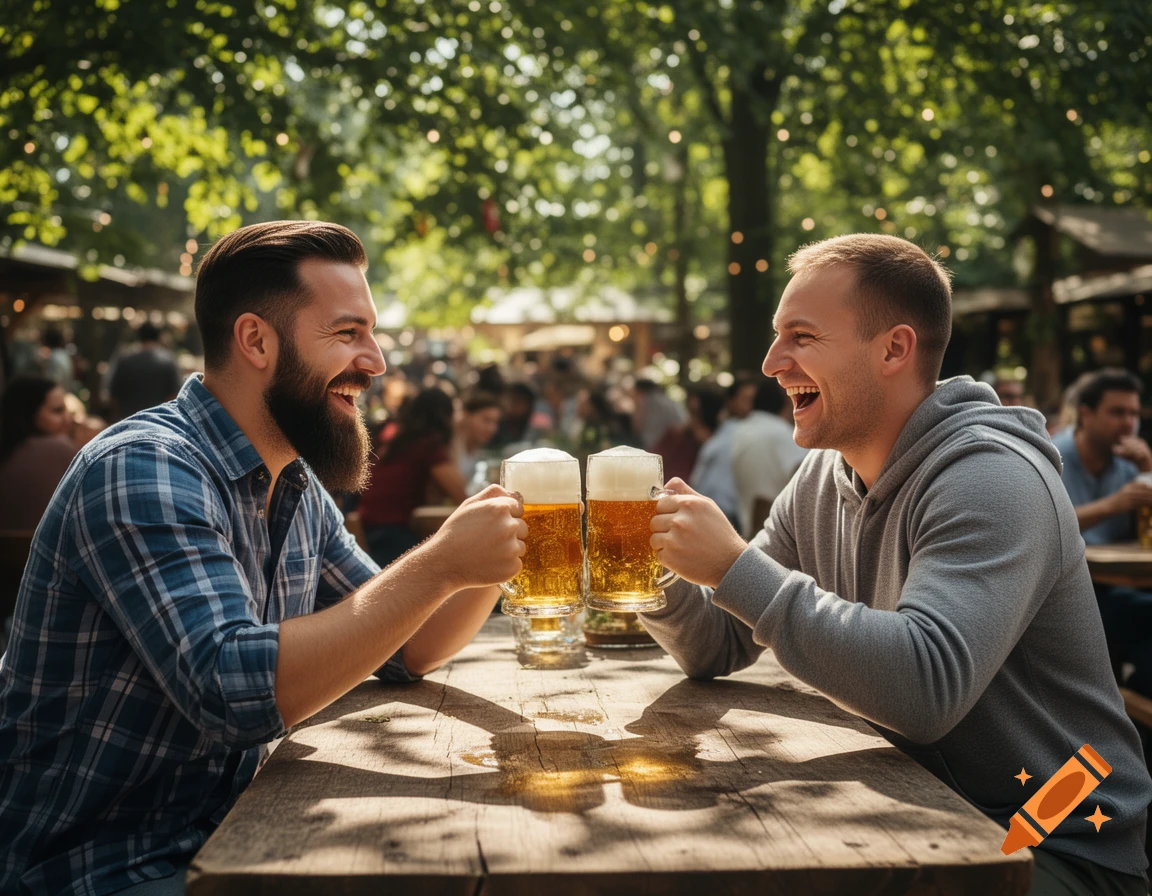 Two men are toasting beer mugs and laughing in a sunny outdoor beer garden.