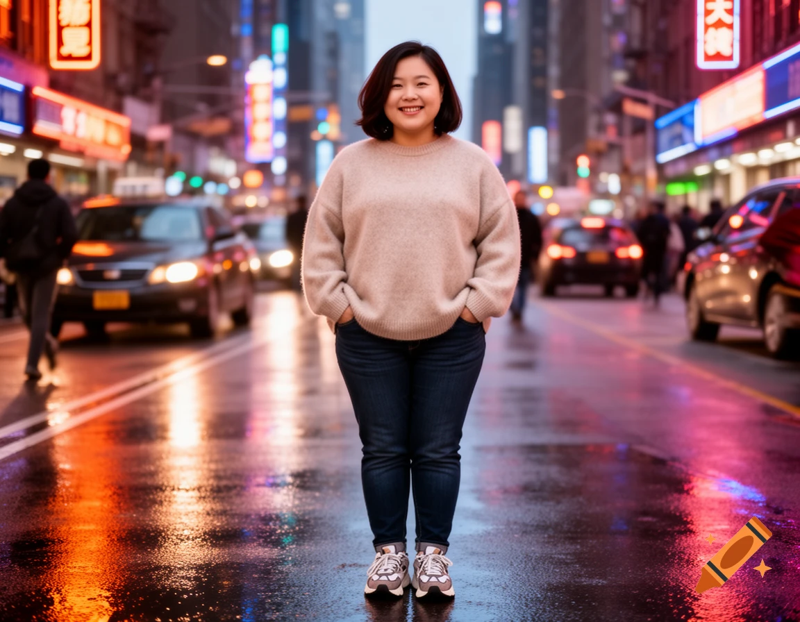 An Asian woman with a bob haircut, wearing a beige sweater and jeans, stands smiling in the middle of a wet city street at night, with neon signs and cars in the background.