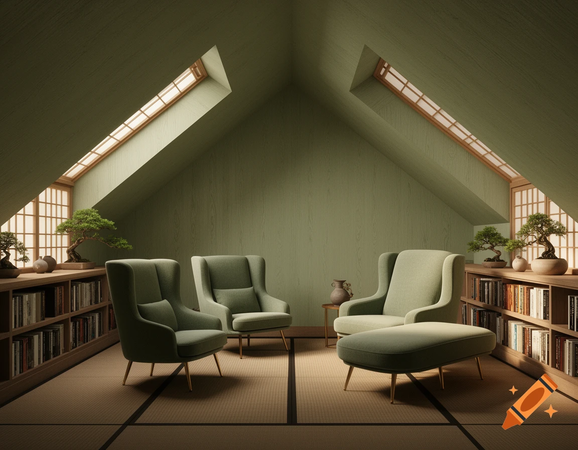 A Japanese-style attic room with sage green walls and green armchairs, brass-legged furniture, bookshelves, and tatami mats.