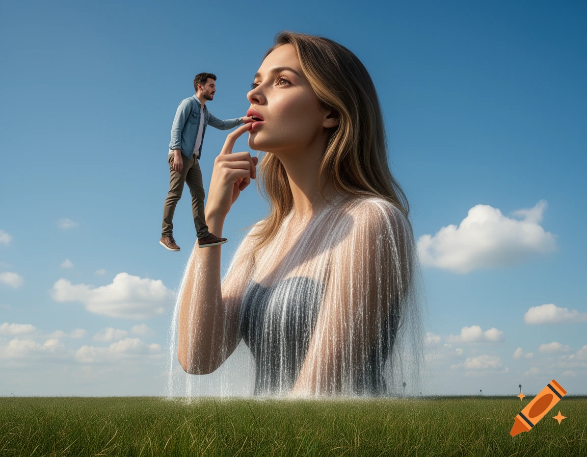 A giant woman with her lower body dissolving into water stands in a green field under a blue sky, as a tiny man on her arm touches her lips.