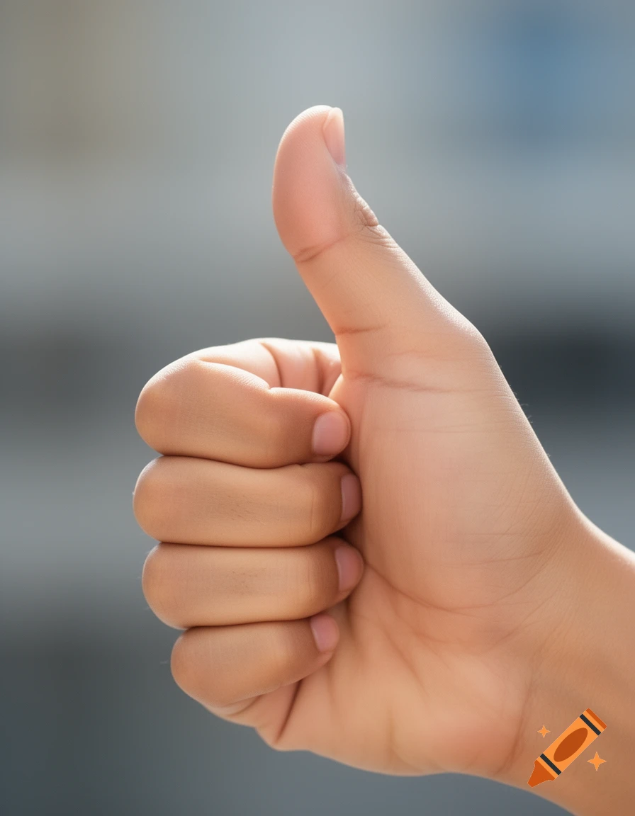 Close-up of a hand with light skin giving a thumbs-up gesture against a blurred grey background.