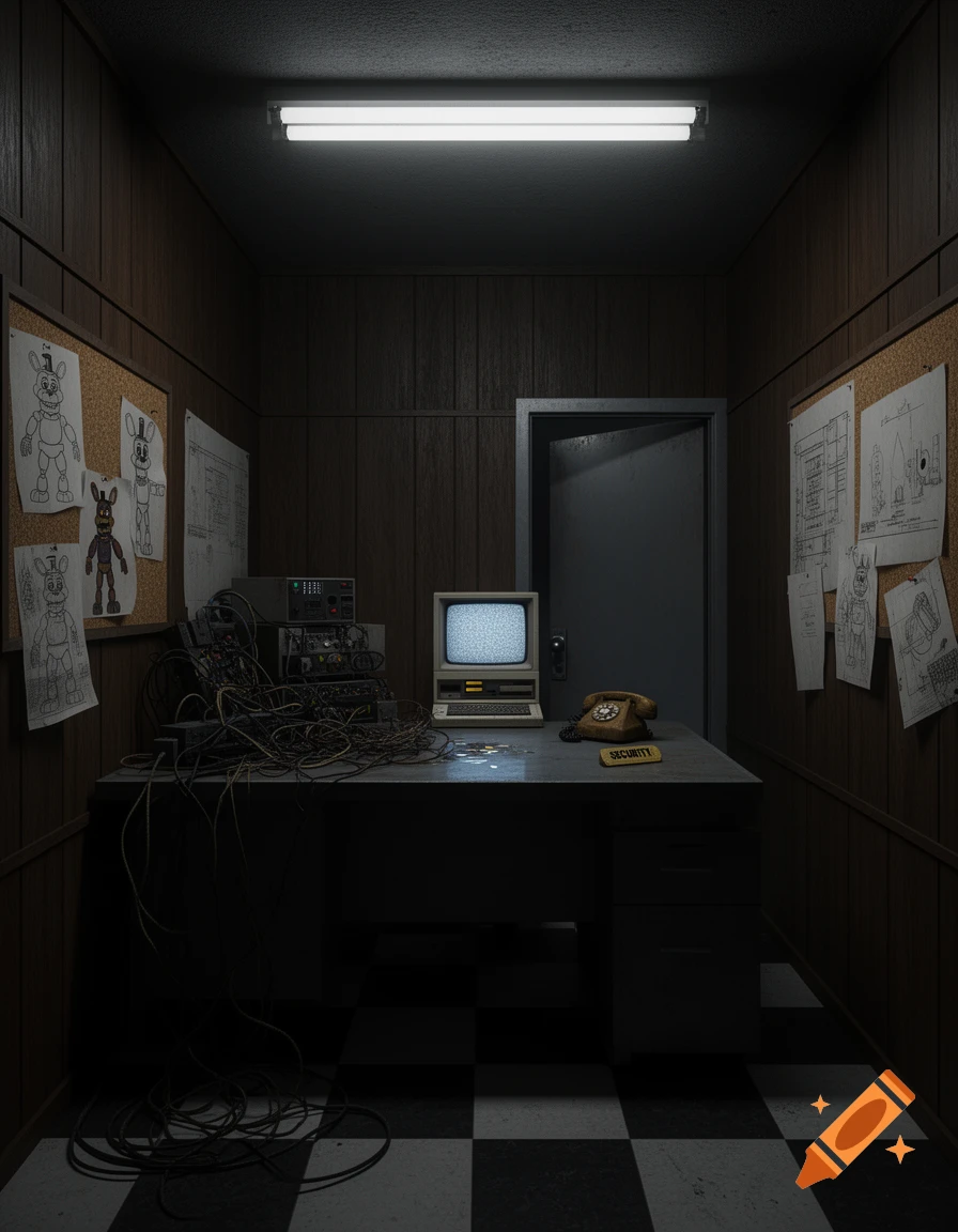 A dimly lit, vintage security office with a desktop computer showing static, a rotary phone, and FNaF character drawings pinned to a cork board.