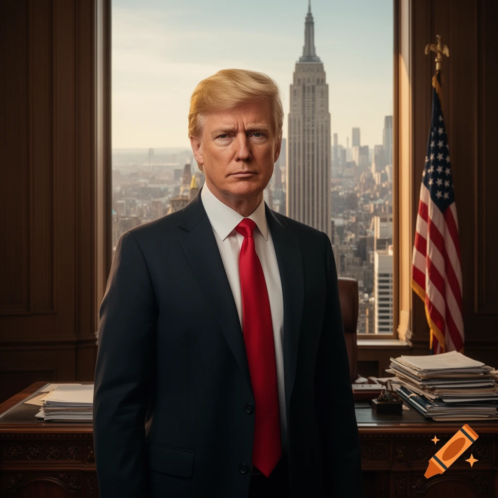 Donald Trump in a suit and red tie stands in an office with the NYC skyline, including the Empire State Building, and an American flag.