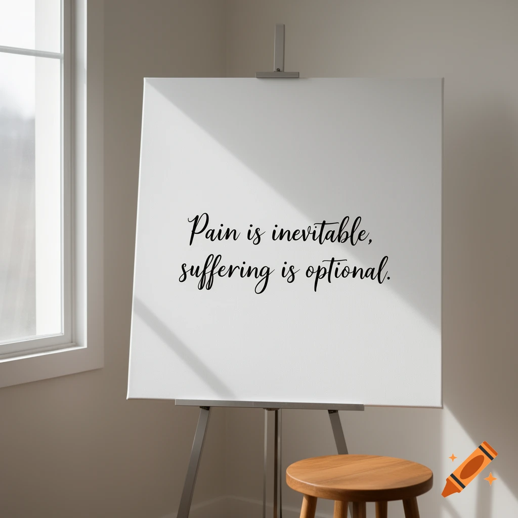 A white canvas on an easel displays the quote 'Pain is inevitable, suffering is optional' in a softly lit room with a window and a wooden stool.
