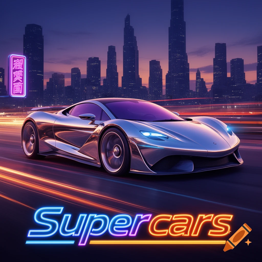 A sleek silver supercar drives down a neon-lit street at night, with a stylized city skyline in the background. The word "Supercars" is written in glowing neon letters at the bottom.
