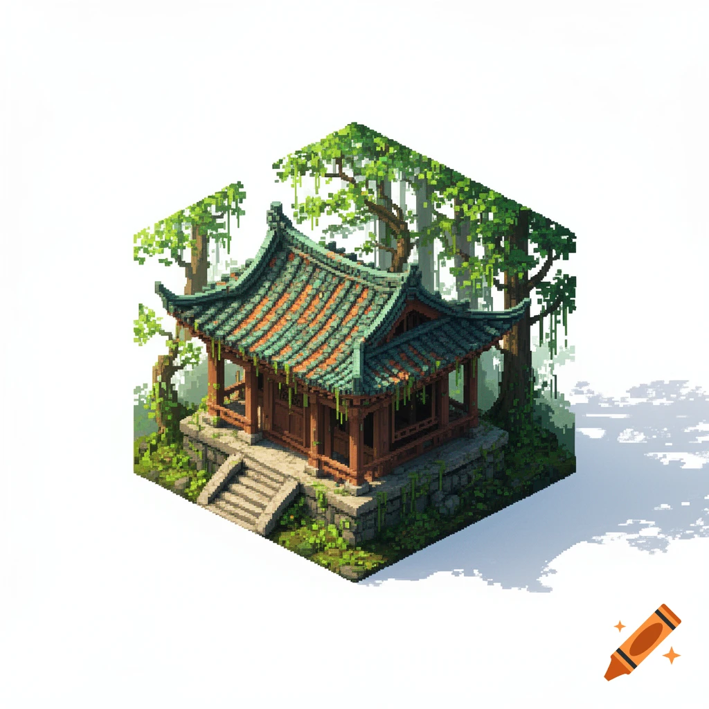 Isometric pixel art of an ancient Chinese forest hut with a green roof, surrounded by trees, on a white background.